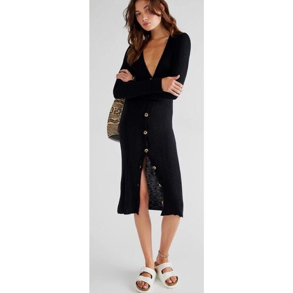 Free People Free-Est Hailee Long Sleeve Sweater Dress Waffle Black XS Button - Picture 1 of 12